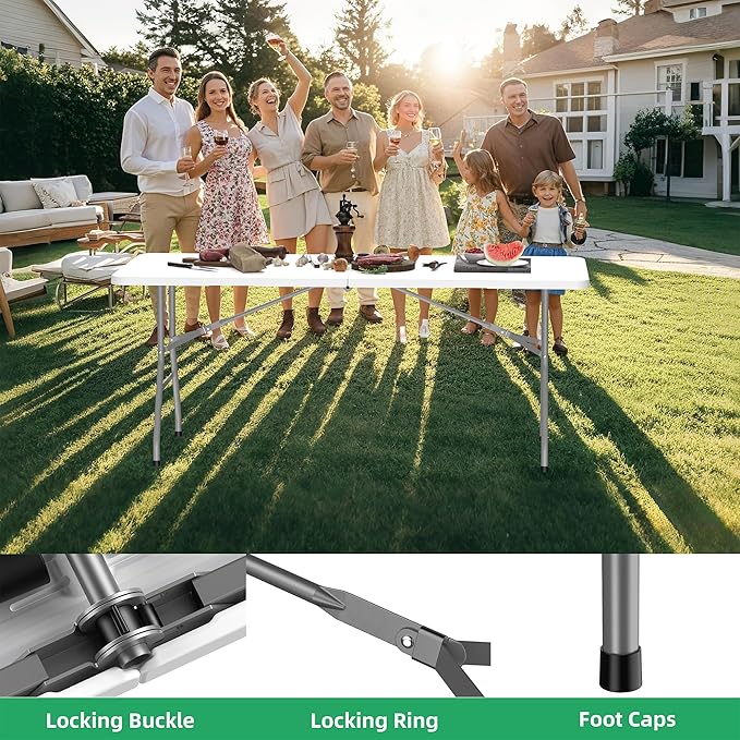 Allpop 6Ft Folding Table for Indoor Outdoor, Fold-in-Half Portable Plastic Dining Table with Carrying Handle for Picnic Party Camping, White-NeatNest