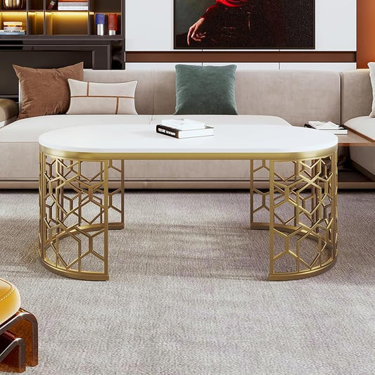 47.2" Modern Oval Coffee Table with Cut-Out Pattern Metal Stainless Steel Frame Multiple End Tables Sofa Table Utility Table for Living Room Office Bedroom Balcony, White & Gold