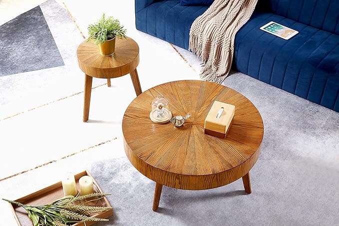 Gexpusm Round Wood Coffee Table Set of 2, Farmhouse Solid Wood Coffee Table ＆ End Table Side Table for Living Room, Circle Rustic End Table Set, No Need Assembly (2 Piece, 31x31x16 in)