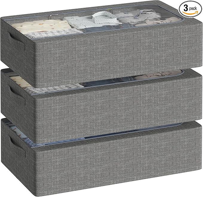 3PCS Under Bed Storage Bins with Metal Frame, Linen Fabric Frame Storage Box Clothes Organizer Bins, Underbed Container with Clear Window (Dark Grey, 15.7 x 13 x 6IN)-NeatNest