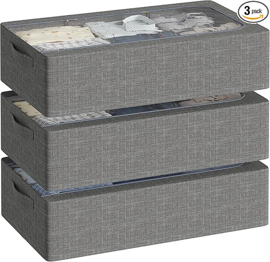 3PCS Under Bed Storage Bins with Metal Frame, Linen Fabric Frame Storage Box Clothes Organizer Bins, Underbed Container with Clear Window (Dark Grey, 15.7 x 13 x 6IN)-NeatNest