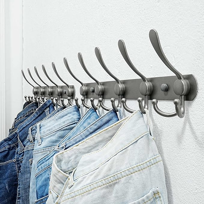 Dseap Coat Rack Wall Mounted - 5 Tri Hooks, Heavy Duty, Stainless Steel, Metal Coat Hook Rail for Coat Hat Towel Purse Robes Mudroom Bathroom Entryway,Grey-NeatNest