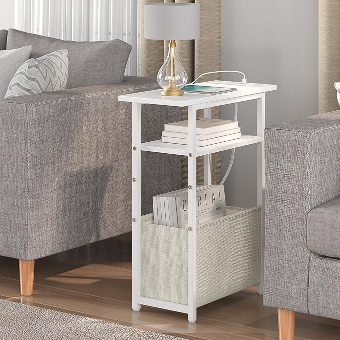 Narrow Side Table with Charging Station, Small End Table for Small Spaces, Skinny Nightstands with Storage Basket, 3 Tier Sofa Couch Bedside Tables for Living Room,Bedroom, White