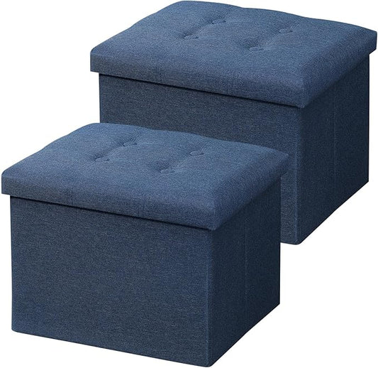 AmasSmile 2Pack Blue Ottoman with Storage,Foot & Leg Rest Stools Small Cute Stool Short Bench Folding Ottomans Square Footstools for Shoe Living Room Under Desk Outdoor RV Camper Each Space Storage