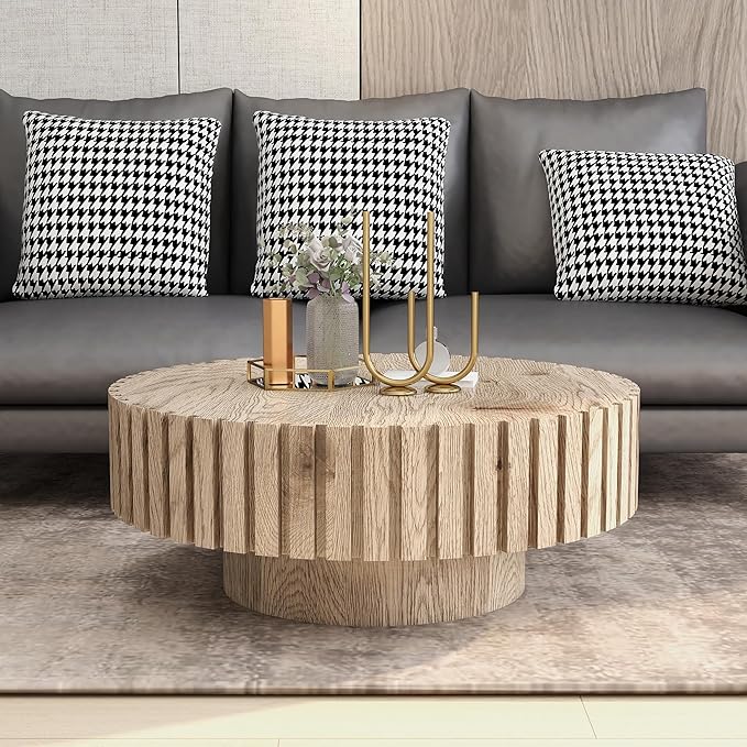 kevinplus 31.4'' Round Circle Coffee Table Modern Wood Coffee Table for Living Room, Contemporary Minimalist Fluted Drum Pedestal Style, Easy Assembly, Wood