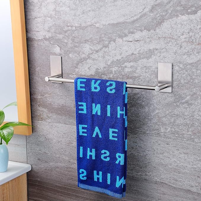 Taozun 16-Inch Towel Bar - Self Adhesive Bathroom Towel Holder with 2 Packs Towel Hooks, Stainless Steel Bathroom Hardware Accessory Kit, No Drilling