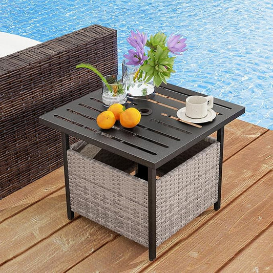 Patio Side Table with Umbrella Hole, 22" Rattan Wicker Umbrella Stand Table, Outdoor End Table for Patio, Garden, Poolside & Yard (Mix Gray)