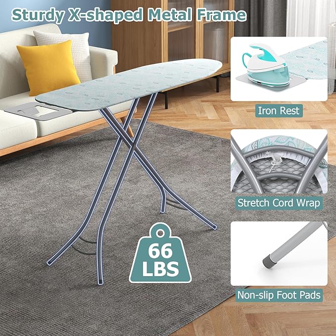 GOFLAME Folding Ironing Board, Height Adjustable Ironing Board w/Iron Rest, Removable Cover, Sturdy Metal Frame, 48.5" x 15.5" Compact & Portable Ironing Board for Household (Turquoise)