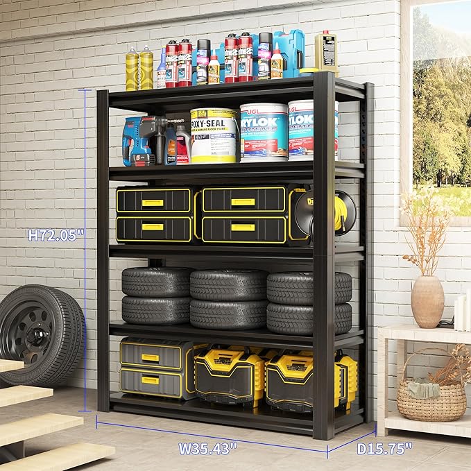 72" H Metal Storage Shelving, 2500LBS Heavy Duty Shelves Unit, Adjustable 5 Tier Storage Rack, Industrial Utility Shelf for Garage, Warehouse, Bedroom, Kitchen,16" D×36“W×72”H, Black-NeatNest