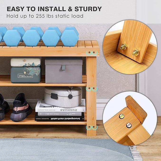 SMIBUY Bamboo Shoe Rack Bench, 3-Tier Shoe Organizer Storage Shelf for Entryway Hallway Bathroom Living Room (Natural)-NeatNest