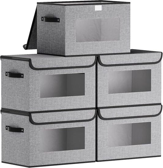 Fabric Basket with Lid, 5-Pack Decorative Linen Closet Organizers Bins, 15 x 9.8 x 9.8 inch Storage Containers for Shelves, Cubes with Handles, Gray