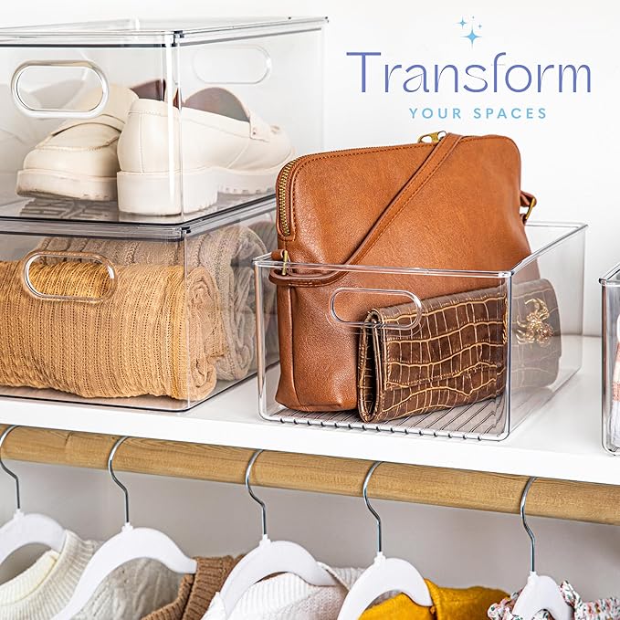 2 Pack Clear Plastic Organizer Bins with Handles for Home Organization. Storage Containers for Organizing Fridge, Freezer, Cabinet. Pantry, Great for Kitchen, Garage, Laundry Room. 10"x8"x5"