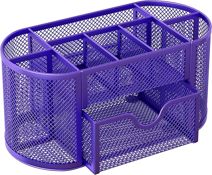 EasyPAG Mesh Desk Organizer, Multi-functional Stationery Organizer for School Supplies, Office Pen Holder for Desk, 9 Compartments Dorm Organization with Drawer, Purple