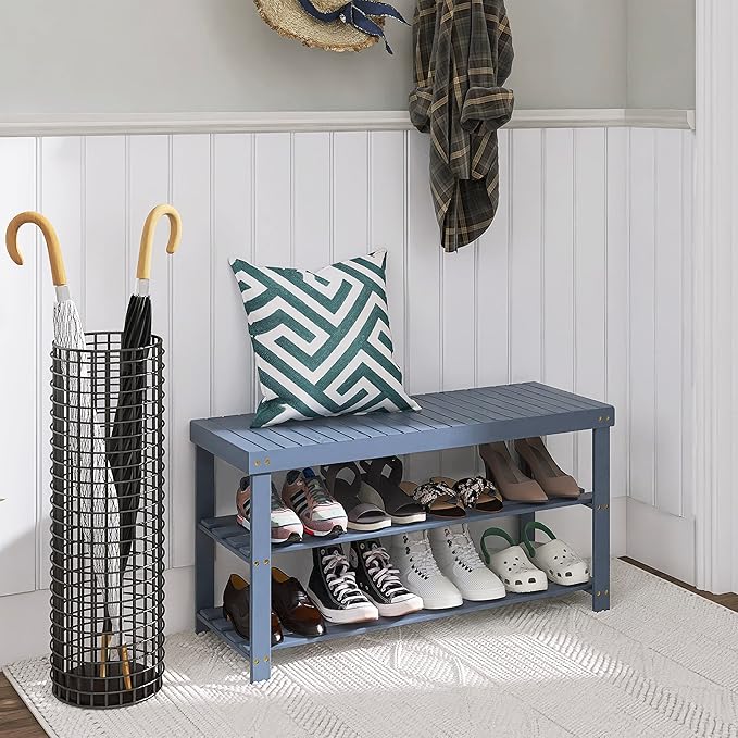 SMIBUY Bamboo Shoe Rack Bench, 3-Tier Shoe Organizer Storage Shelf for Entryway Hallway Bathroom Living Room (Grey)-NeatNest