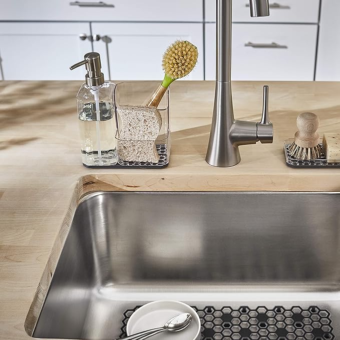 Spectrum HEXA Sponge & Brush Organizer With Soap Pump, Kitchen Sink Organizer With Refillable Soap Pump, Sponge & Dish Brush Holder Easy-Clean Sink Organization & Dish Brush Holder with Removable Base