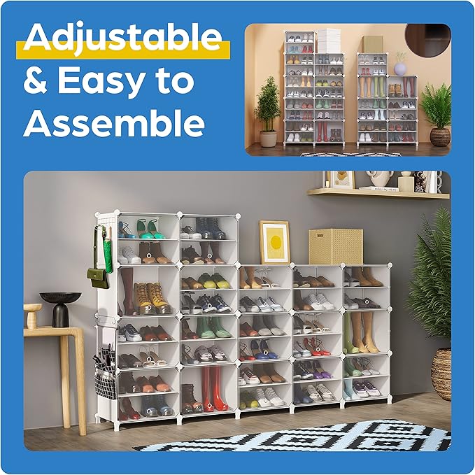 Shoe Organizer Cabinet Up to 72 Pairs, Shoe Closet-Covered Shoe Rack with See-Through Door (Clear, Plastic, Stackable) Cubby Portable Shoe Organizer with Covers, Hooks & Pockets, White-NeatNest