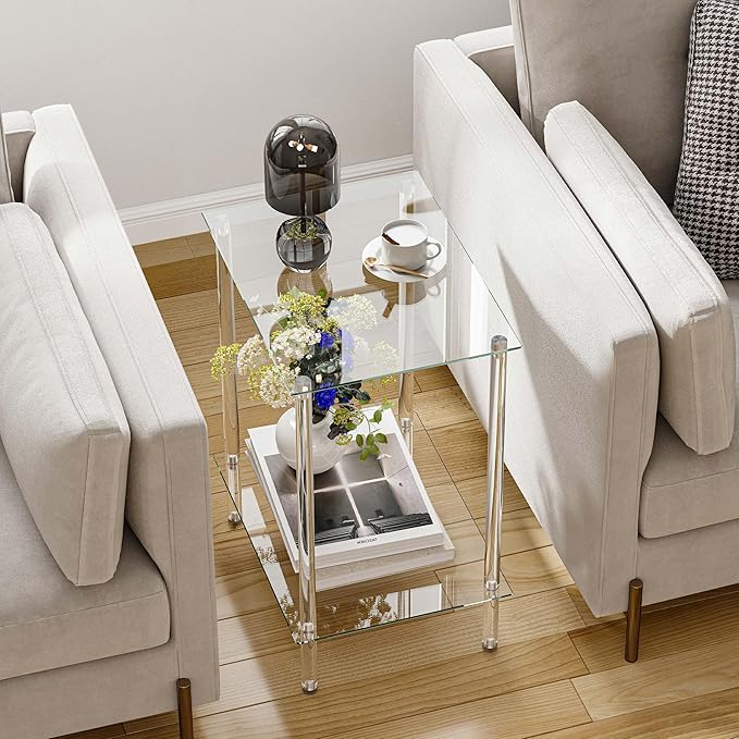 empered Glass Side Tables Set of 2 Acrylic End Table with 2 Storage Shelve transparent Bedside simplicity clear 2-Tier Nightstands small Spaces Office Bedroom Living Room Study Transparent ET-008TR