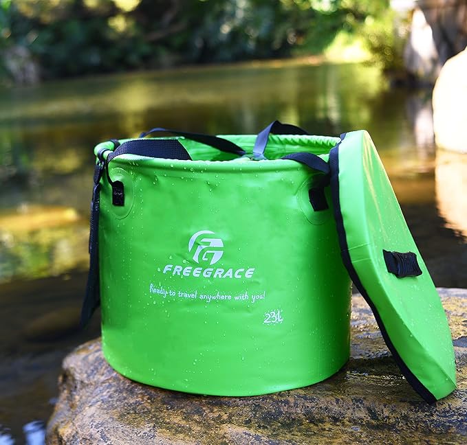 Premium Collapsible Bucket by Freegrace - Compact Portable Folding Water Container - Lightweight & Durable - Includes Handy Tool Mesh Pocket