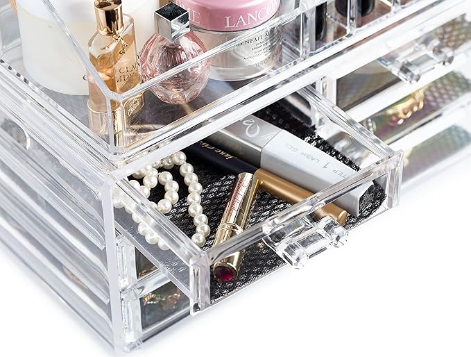 Masirs Clear Makeup Organizer – 16-Compartment Cosmetic and Jewelry Holder, 4-Drawer Vanity Storage, Elegant Clear Design for Makeup and Accessories-NeatNest