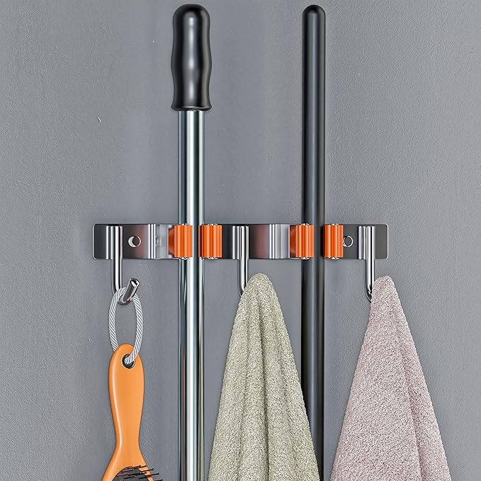 Heavy Duty Broom and Mop Holder Wall Mounted with 2 Rubber Grip Slots & 3 Utility Hooks – SUS304 Stainless Steel, Waterproof, Self Adhesive or Drill Mount, for Garage, Laundry, Kitchen & Closet Use-NeatNest