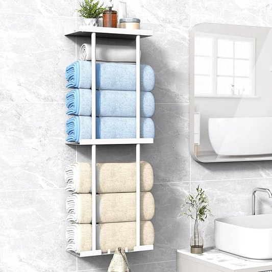 Towel Rack for Bathroom, Wall Mounted Vertical Rolled Towel Storage Organizer Holder with Shelf, Holds Up 6 Large Bath Sheets, White Large Size