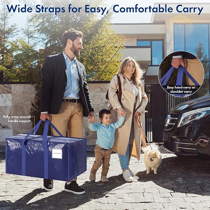Extra Heavy Duty Large Moving Bags with Strong Zipper & Comfortable Handles - Sturdy & Durable Clothes Storage Bags Totes Bins - Large Storage Totes for Dorm, Space Saving 6 Packs (Dark Blue)