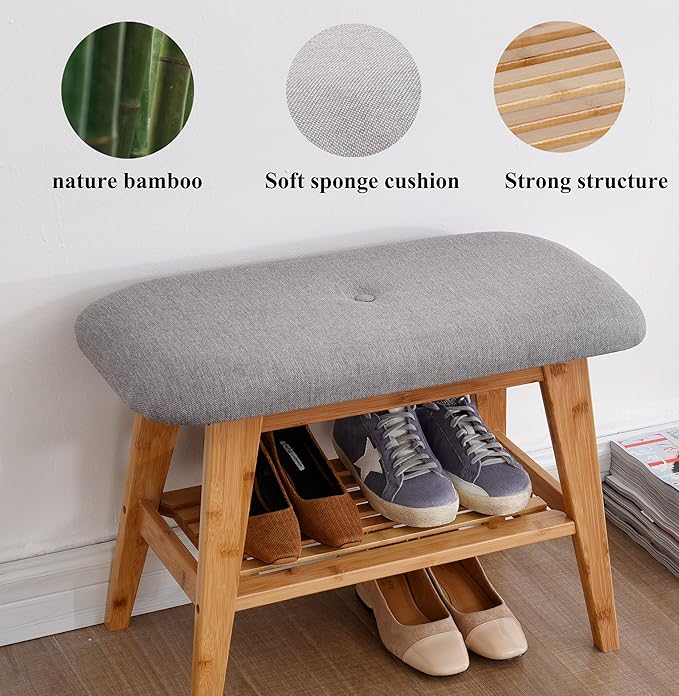 Shoe Rack Bench, Bamboo Entryway Bench, Organizer with 2 Tier Storage, Simple Style, Good Load Bearing, Ideal for Entryway Hallway Living Room,(Nature,23.6'')-NeatNest