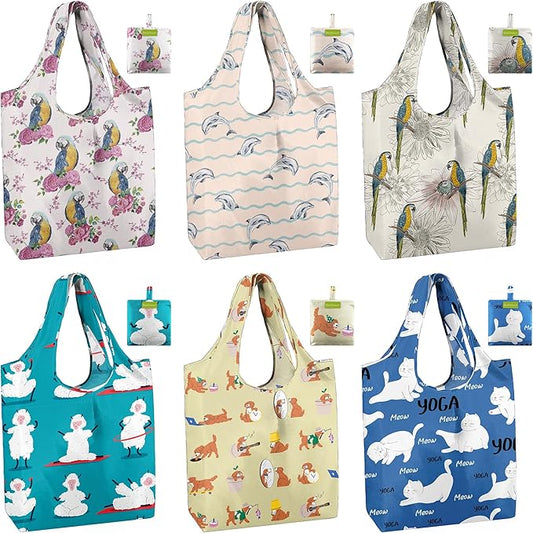 BeeGreen Reusable Grocery Bags 6 Pack, Heavy Duty Totes for Women, Foldable Grocery Bag Large Shopping Totes with Handles for Work, Travel, Gift, Store, Polyester Washable Reusable Tote Bag-NeatNest