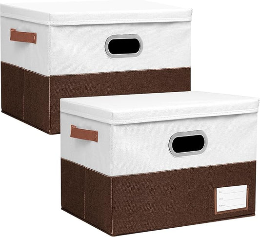 Foldable Fabric Storage Boxes with Lids, Collapsible Versatile Bins Baskets Cubes with Handles for Easy Organization in Closet, Living Room, and Bedroom (Brown & White, 2PCS/15 * 9.8 * 9.8in)-NeatNest