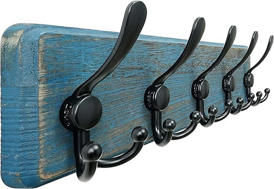 Dseap Coat Rack Wall Mount - Heavy-Duty Robust Barnwood-Style Wooden Wall Coat Hanger Hook Rail with 5 Triple Hooks for Winter Coats Hat Jacket Clothing, Weathered Blue & Black