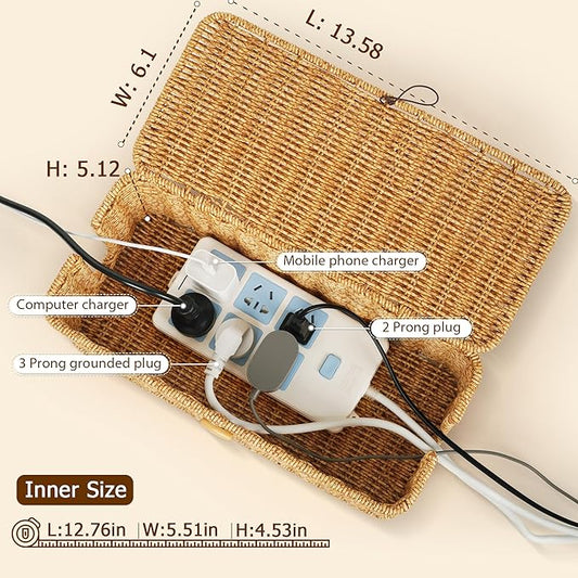 Cable Management Box, Handwoven Faux Rattan Cord Organizer with Lid, 2 Open Slots Cable Organizer Box, Decorative Cord Hider for Tv Computer USB Hub & Power Strip Holder-NeatNest