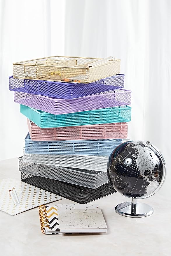 Annova Desk Top Organizer Tray for Office Organization - Metal Mesh - Storage Tray with Dividers for Pens, Desktop Accessories, Bathroom, Kitchen, Makeup and Office Supplies (Large, Black)-NeatNest