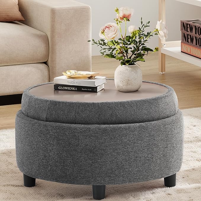 COLAMY Fabric Round Storage Ottoman with Reversible Tray Lid – Multi-Functional Footrest, Hidden Storage, Sturdy & Stylish Small Coffee Table for Living Room, Bedroom, or Entryway(Dark Grey)-NeatNest