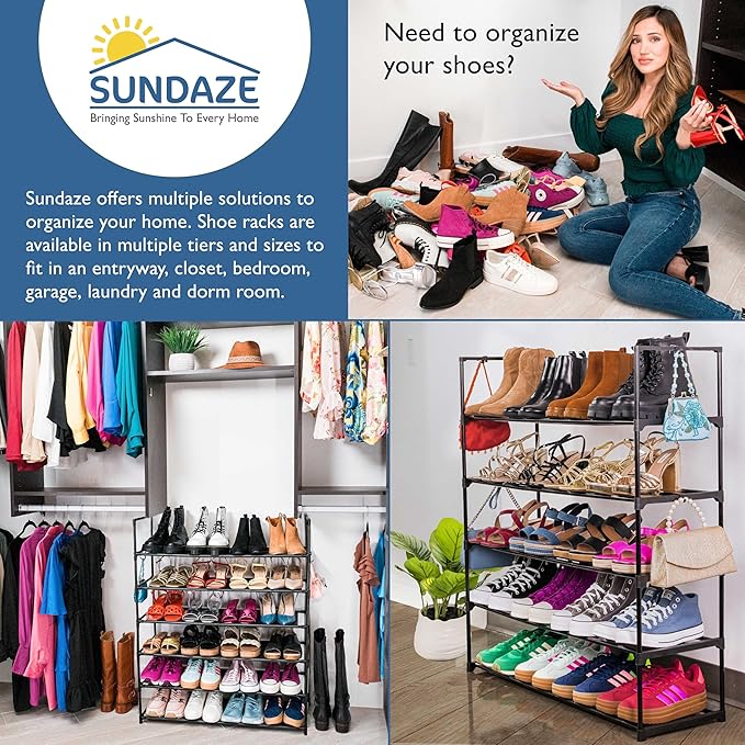 Sundaze Shoe Rack - 5 Tier Metal Shoe Rack for Front Door Entrance, Sturdy Long Shoe Organizer for Closet, Bedroom, Entryway, Garage, Black Metal Shoe Shelf, Holds Up to 25 Pairs-NeatNest