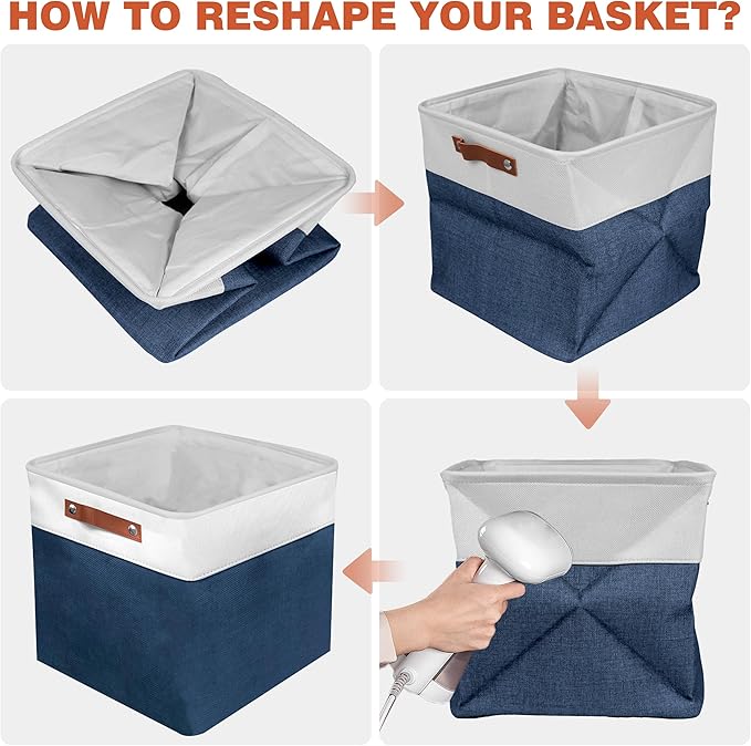 13in Open Fabric Storage Basket with Leather Handles for Organizing, Collapsible Linen Closet Bins for Shelves, Closets, Laundry, Decorative Basket for Gifts. (White＆Blue, 2PCS/13x13in)-NeatNest