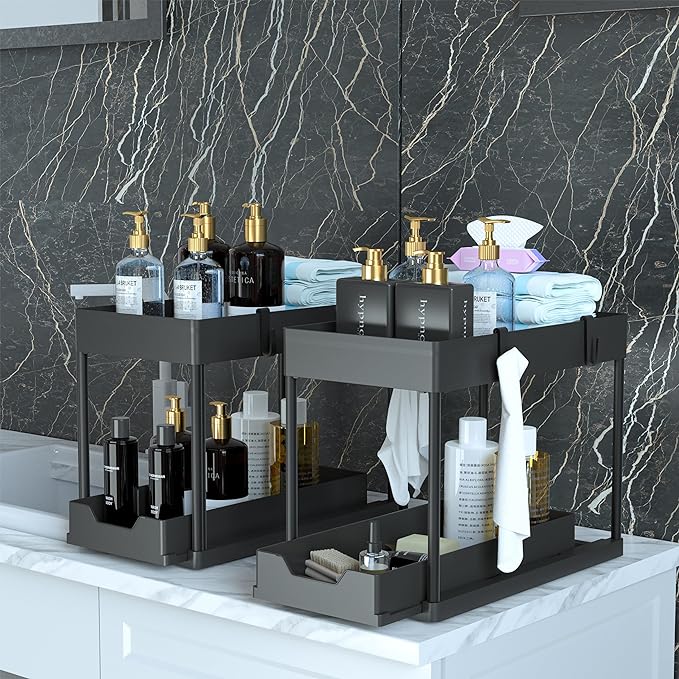 Under Sink Organizer 2 Pack, Bathroom Cabinet Organizer, 2 Tier Sliding Cabinet Basket Organizer Drawer, Multi-Purpose Bath Collection Baskets for Bathroom (Black)-NeatNest
