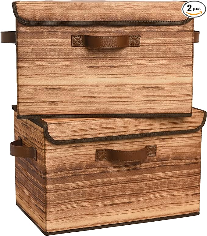 GRANNY SAYS Storage Boxes with Lid, Fabric Storage Bins with Lids, Decorative Closet Storage and Organizer, Wood Grain Print Bins, 2-Pack-NeatNest