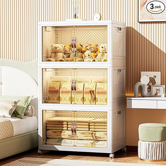 312 QT / 78 Gal Stackable Collapsible Storage Bins with Magnetic Doors & Wheels - Space-Saving Plastic Organizer Cabinet for Closet, Office, Home (White)-NeatNest