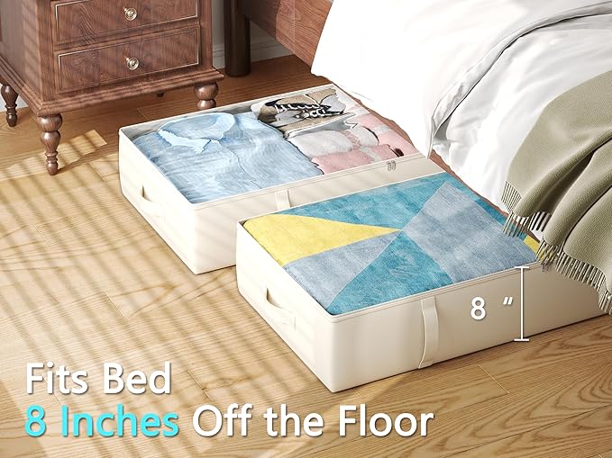 2-Pack Under Bed Storage Containers, 8 Inches Tall Underbed Clothes Storage Organizer Bin with Sturdy Sidewalls/Bottom, Under the Bed Storage Bags 2 Storage Bins, Beige-NeatNest