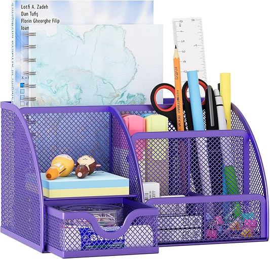 EasyPAG Mesh Desk Organizer, Multi-functional Stationery Organizer for School Supplies, Office Pen Holder for Desk, 6 Compartments Dorm Organization with Drawer, Purple