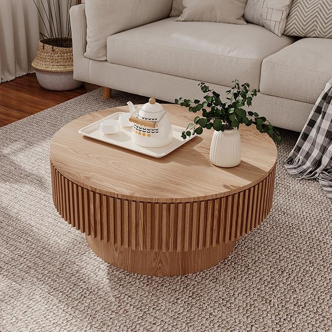 kevinplus 31.5'' Round Coffee Table with Storage Space, Modern Wood Circle Fluted Drum Pedestal Coffee Table for Living Room, Easy Assembly, Oak (ø31.49'' x 14'')