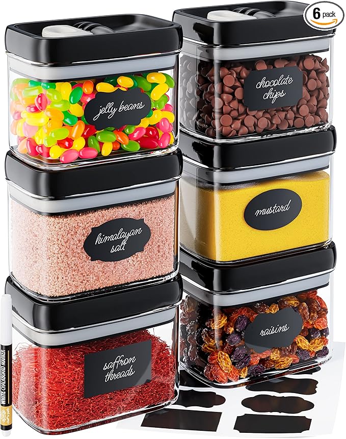 Chef's Path Airtight Food Storage Containers with Improved Lids, Set of 6, 1L Kitchen and Pantry Canisters for Coffee, Spices, and Dry Food, Includes Labels and Marker - Transparent, All Same Size-NeatNest