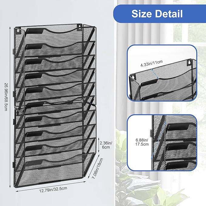 EasyPAG 10 Pocket Wall File Organizer, Black | Metal Mesh Wall Mounted File Holder | Assembly Hanging Mail Organizer | Replaceable Classify Labels | Office Home Letter Size Paper Storage