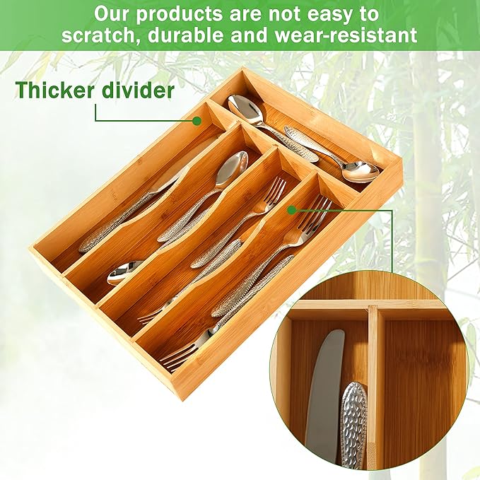 Greenual Silverware Organizer 10 In Utensil Organizer Silverware Tray for Drawer Cutlery Flatware Organizer for Kitchen Bamboo Wood-NeatNest