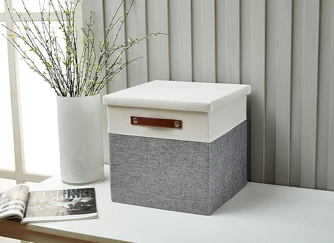 DECOMOMO Storage Basket with Lid, Storage Cubes with Handles, Fabric Box with Lid (Grey and White, 11” / 3 Pack)-NeatNest