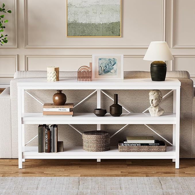 karlott 3-Tier Console Table, 55.1" Entryway Table with Metal Frame and Open Shelves, Modern Behind Couch Sofa Table for Living Room, Hallway, Foyer, Entrance, Industrial, Bookshelf, White-NeatNest