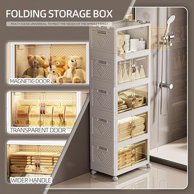 332 QT / 83 Gal White Storage Bins with 1 Lid - Collapsible Stackable Cabinet Organizer w/Wheels & Magnetic Doors, Plastic Storage Box for Office Closet Organization-NeatNest