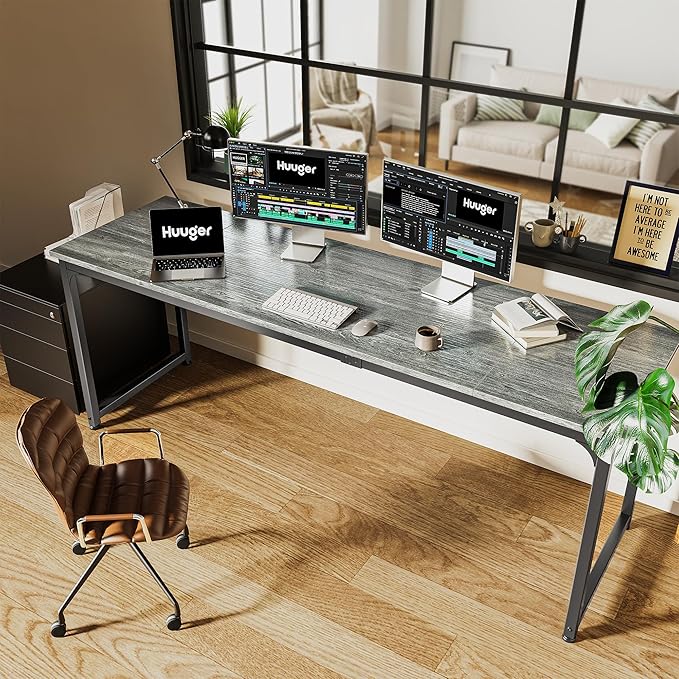 Huuger Computer Desk, 80 Inch Office Desk, Gaming Desk with Storage, Writing Desk Work Desk for Home Office, Study, Long Simple Desk, Large Legroom, Metal Frame, Grey-NeatNest