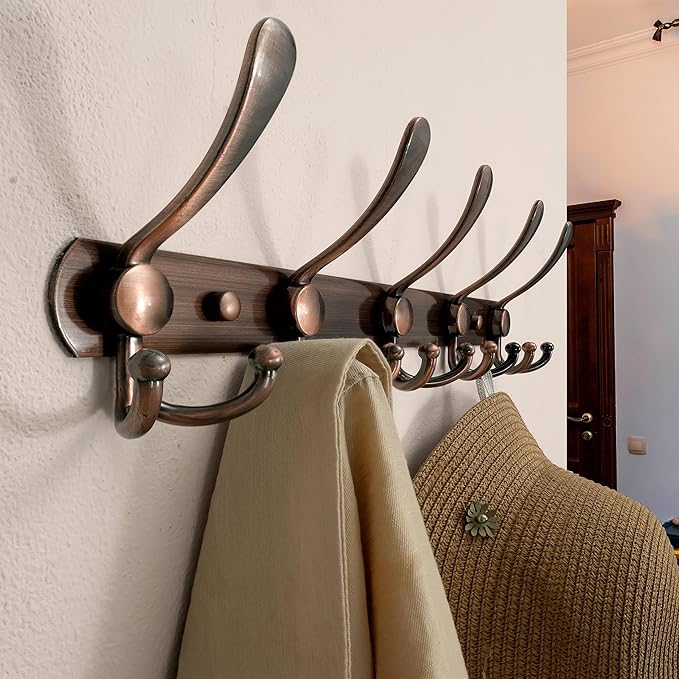 Dseap Wall Mounted Coat Rack - 5 Tri Hooks, Heavy Duty, Stainless Steel, Metal Coat Hook Rail for Coat Hat Towel Purse Robes Mudroom Bathroom Entryway,Antique Copper-NeatNest