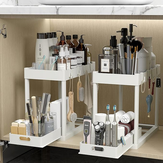 2PC Under Sink Organizer Rack 2 Tier Under Sliding Cabinet Basket Organizer Drawer with 4 Hooks, Multi-purpose Under Sink Storage for Bathroom Kitchen Desktop（White）-NeatNest